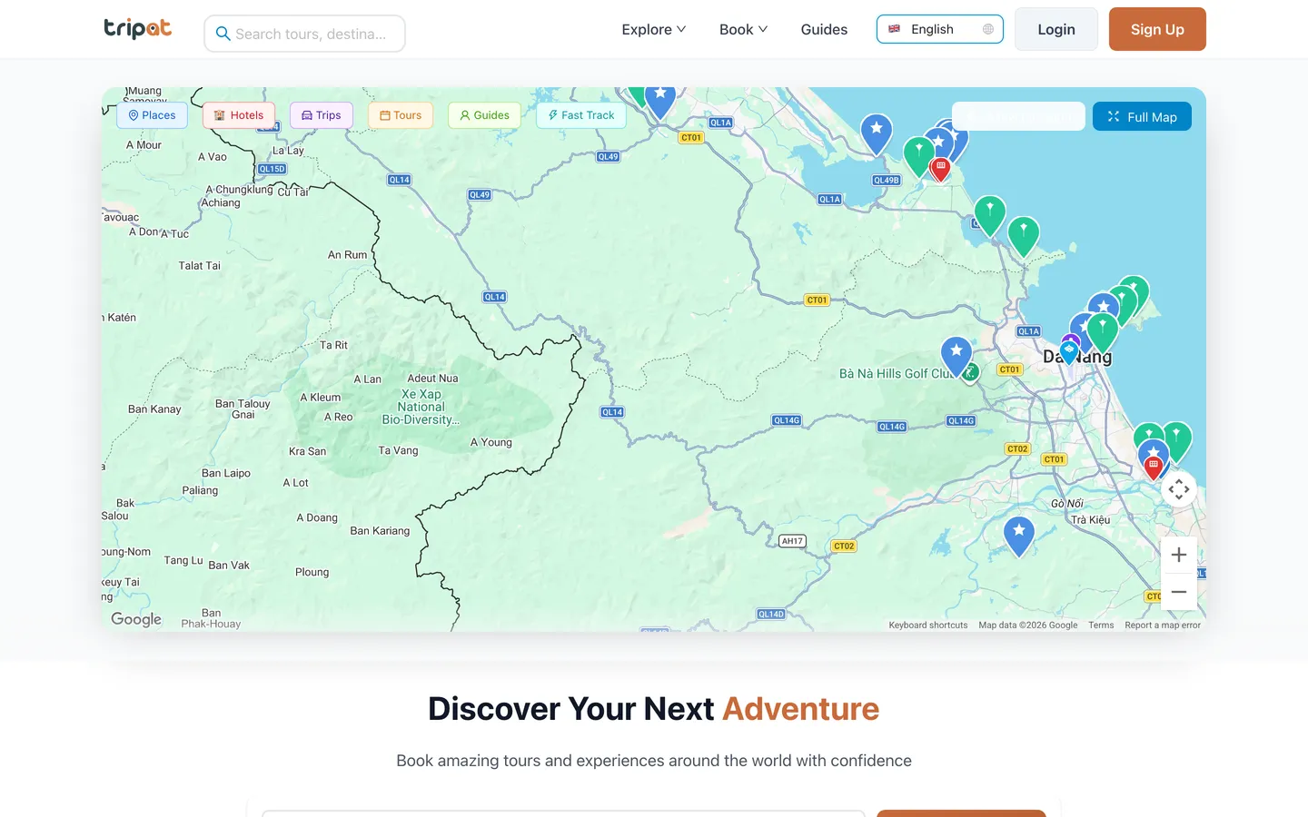 Tripat homepage: a map of central Vietnam with places, hotels, tours and guides