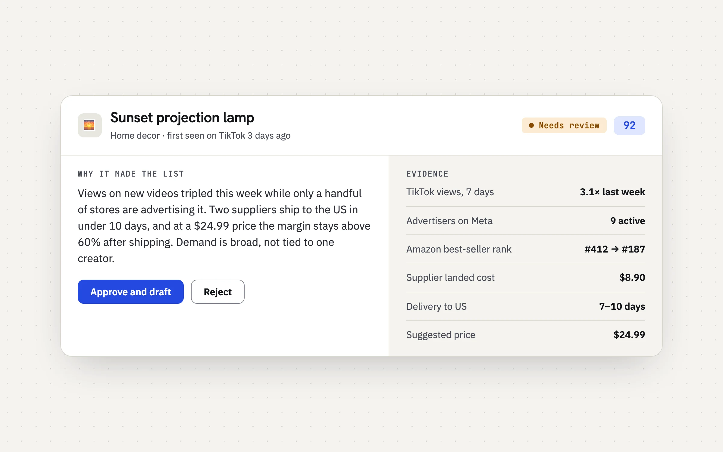 Product detail: why the agent picked the sunset lamp, with evidence and approve or reject buttons