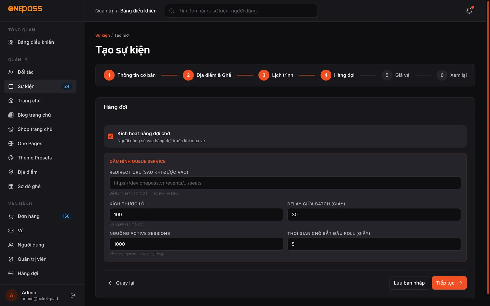 Admin portal, create event step 4: waiting room batch size, release delay and session threshold